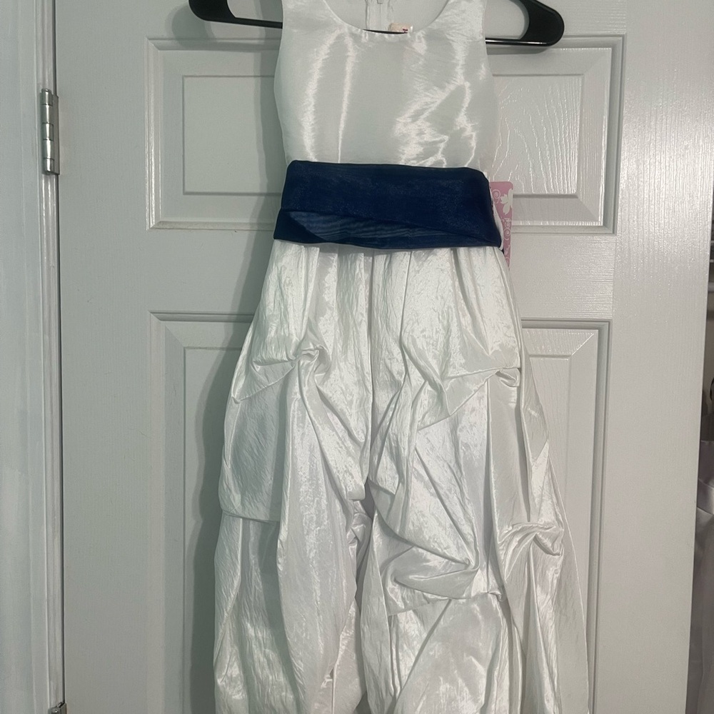 Elegant White Dress with Navy Sash